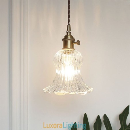 Designer Touch Decorative Clear Ribbed Glass Pendant Light Flower Shape Lamp With Twist Switch