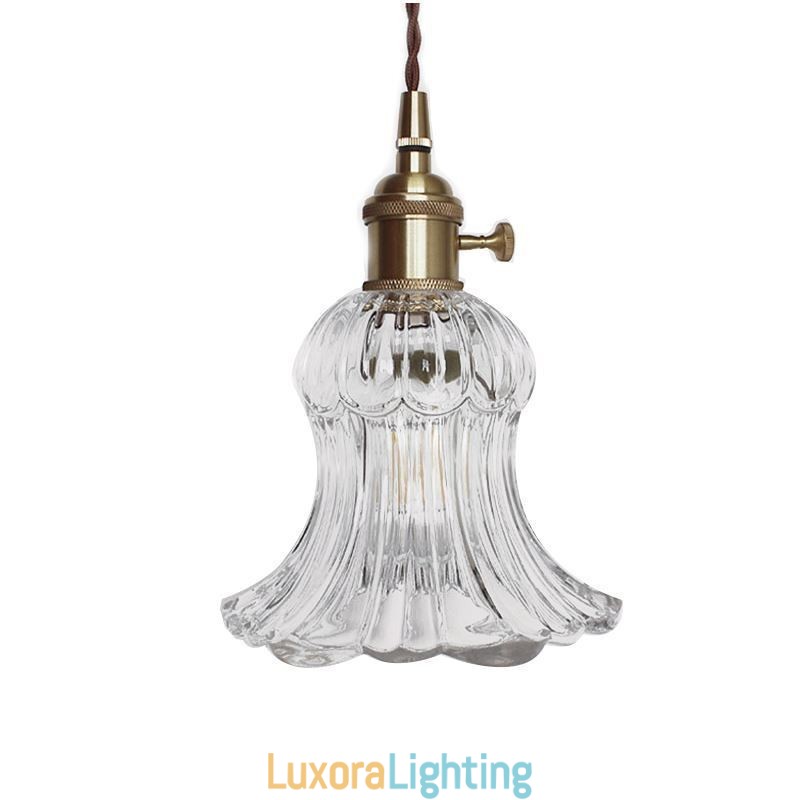 Designer Touch Decorative Clear Ribbed Glass Pendant Light Flower Shape Lamp With Twist Switch