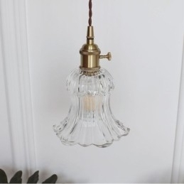 Designer Touch Decorative Clear Ribbed Glass Pendant Light Flower Shape Lamp With Twist Switch