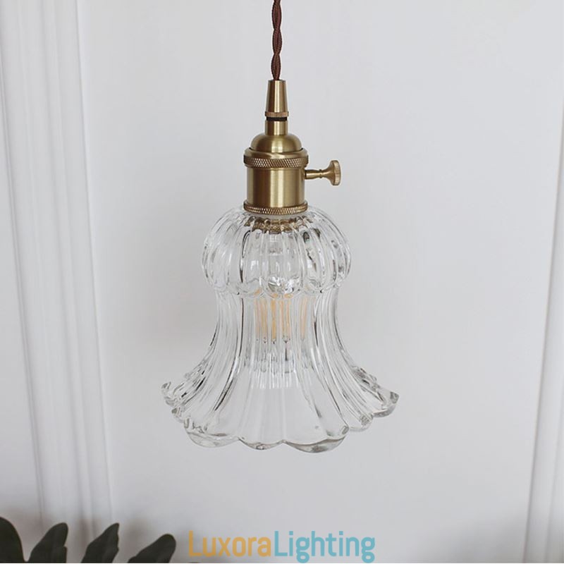 Designer Touch Decorative Clear Ribbed Glass Pendant Light Flower Shape Lamp With Twist Switch
