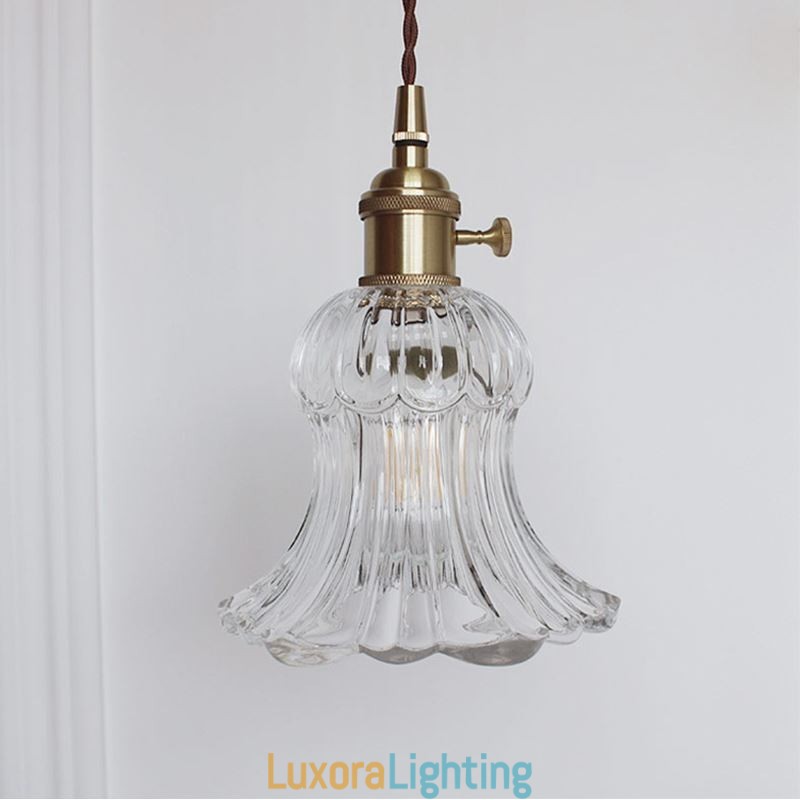 Designer Touch Decorative Clear Ribbed Glass Pendant Light Flower Shape Lamp With Twist Switch