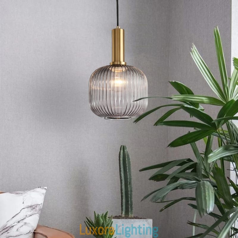 Designer Touch Decorative Ribbed Glass Pendant Light with Brass Holder