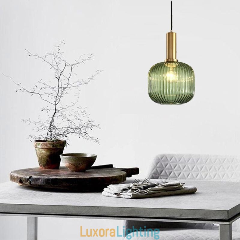 Designer Touch Decorative Ribbed Glass Pendant Light with Brass Holder