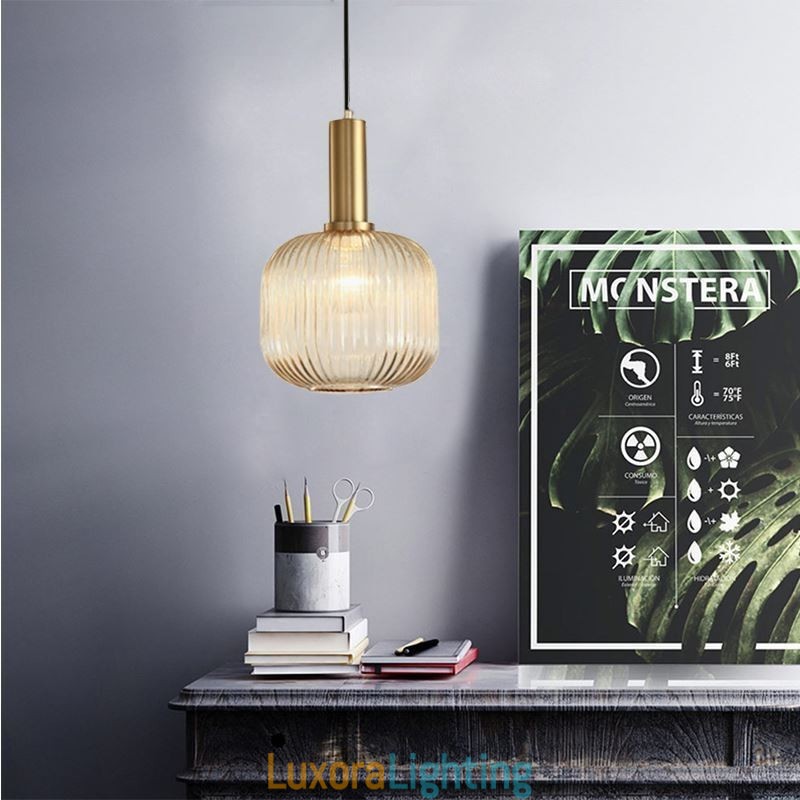 Designer Touch Decorative Ribbed Glass Pendant Light with Brass Holder