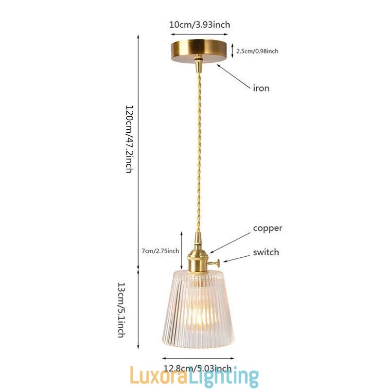 Designer Touch Decorative Brass Ribbed Glass Pendant Light Cone Shade With Twist Switch