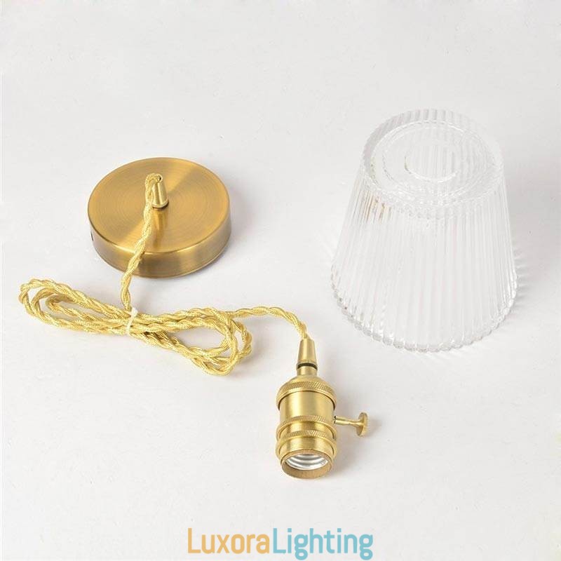 Designer Touch Decorative Brass Ribbed Glass Pendant Light Cone Shade With Twist Switch