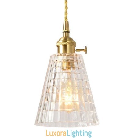Designer Touch Decorative Square Clear Ribbed Glass Pendant Light Brass Lamp With Twist Switch Lighting