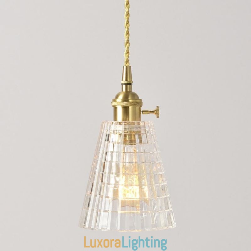 Designer Touch Decorative Square Clear Ribbed Glass Pendant Light Brass Lamp With Twist Switch Lighting