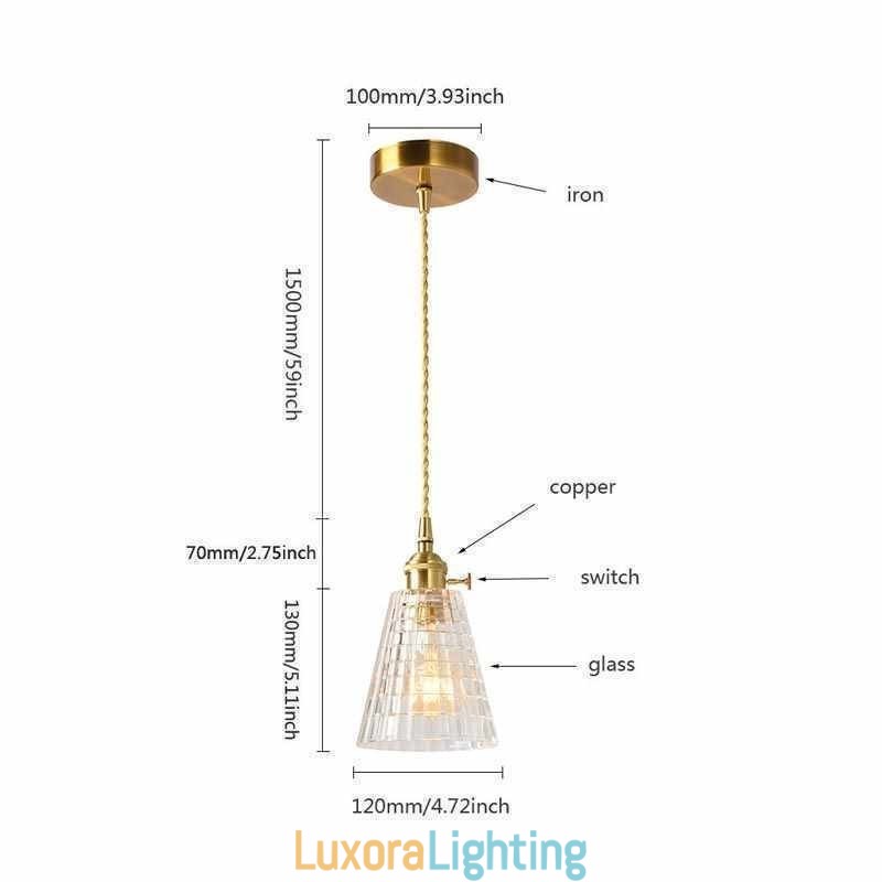 Designer Touch Decorative Square Clear Ribbed Glass Pendant Light Brass Lamp With Twist Switch Lighting
