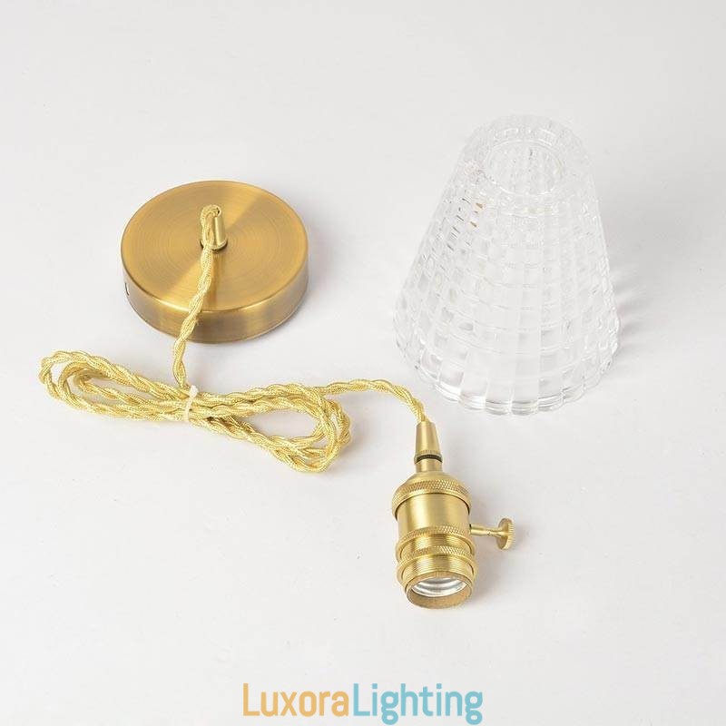 Designer Touch Decorative Square Clear Ribbed Glass Pendant Light Brass Lamp With Twist Switch Lighting