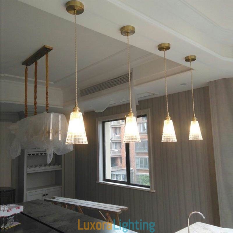 Designer Touch Decorative Square Clear Ribbed Glass Pendant Light Brass Lamp With Twist Switch Lighting