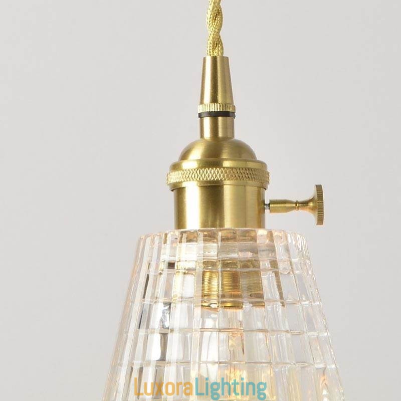 Designer Touch Decorative Square Clear Ribbed Glass Pendant Light Brass Lamp With Twist Switch Lighting