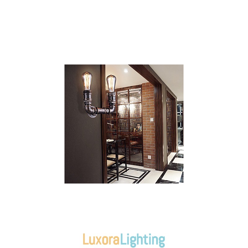 Designer Touch Decorative 2 Lights Vintage Metal Water Pipe Wall Lamp With Edison Bulb