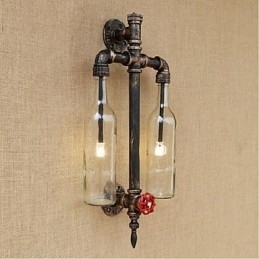 Designer Touch Decorative American Themed Restaurant Bar Iron With Switch Water Pipe Wine Bottle Wall Lamp Transparent