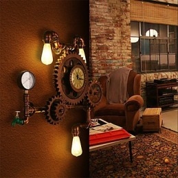 Designer Touch Decorative Vintage Industrial Pipe Wall Lights Wood Gear Shape Creative turnable Lights Restaurant Cafe Bar Decoration lighting