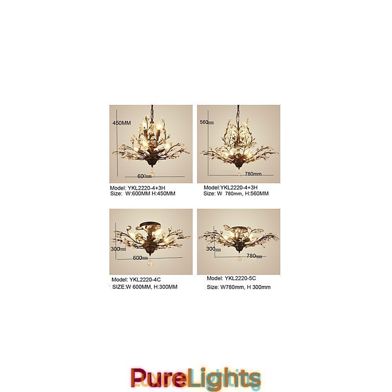 Designer Touch Decorative Vintage Crystal Flush Mount 8 Lights Metal Painting Black OR Gold