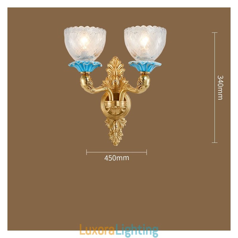 Designer Touch Decorative 100% Pure Brass Luxurious Rustic Retro Vintage Brass Ceramics 2 Light Candle Wall Light with Glass Shades Special for Hotel Office Showroom Living Room Dinning Room