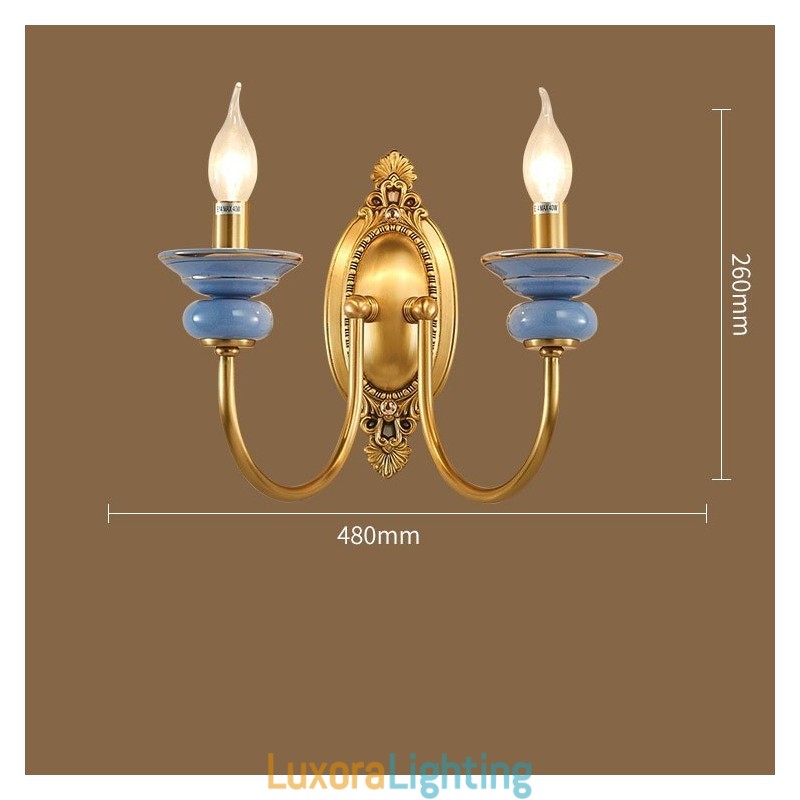 Designer Touch Decorative 100% Pure Brass Luxurious Rustic Retro Vintage Brass Ceramics 2 Light Candle Wall Light Special for Hotel Office Showroom Living Room Dinning Room