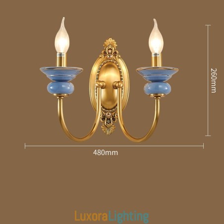 Designer Touch Decorative 100% Pure Brass Luxurious Rustic Retro Vintage Brass Ceramics 2 Light Candle Wall Light Special for Hotel Office Showroom Living Room Dinning Room