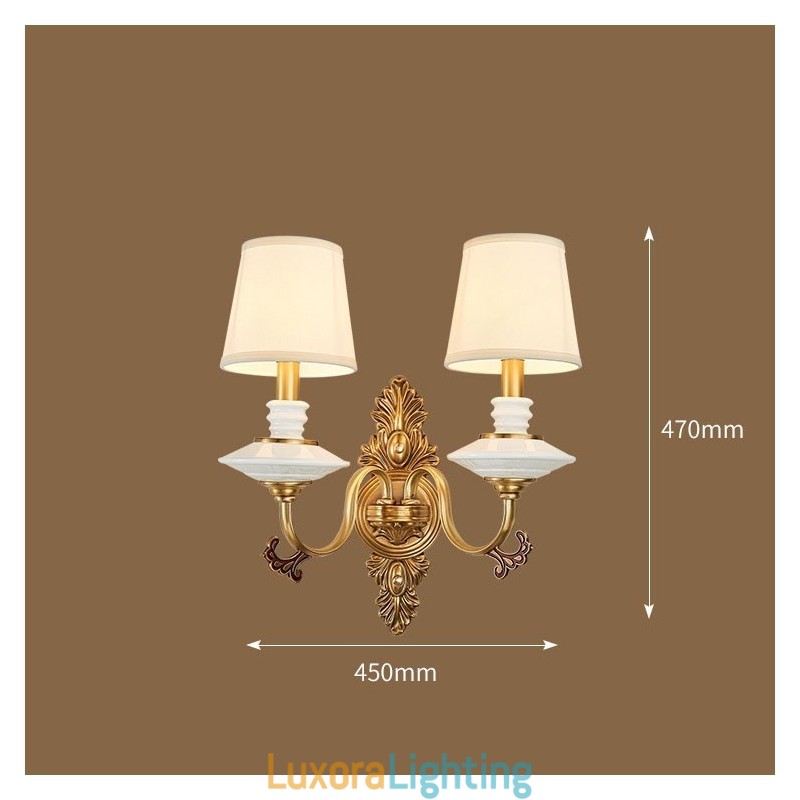 Designer Touch Decorative 100% Pure Brass Luxurious Rustic Retro Vintage Brass Ceramics 2 Light Candle Wall Light with Fabric Shades Special for Hotel Office Showroom Living Room Dinning Room