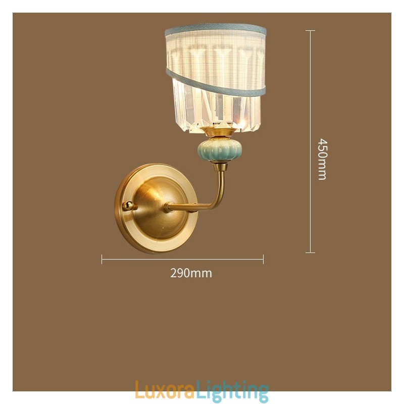 Designer Touch Decorative Pure Brass Luxurious Rustic Retro Vintage Brass Ceramics 1 Light Candle Wall Light with Fabric and Crystal Shade Special for Hotel Office Showroom Living Room Dinning Room