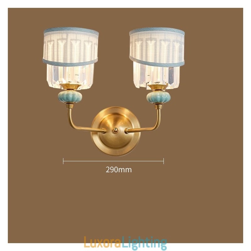 Designer Touch Decorative Pure Brass Luxurious Rustic Retro Vintage Brass Ceramics 2 Light Candle Wall Light with Fabric and Crystal Shades Special for Hotel Office Showroom Living Room Dinning Room