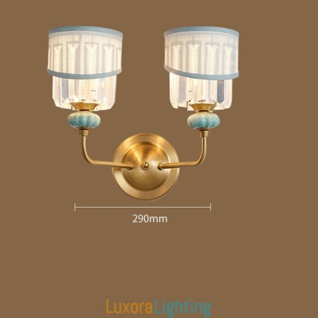 Designer Touch Decorative Pure Brass Luxurious Rustic Retro Vintage Brass Ceramics 2 Light Candle Wall Light with Fabric and Crystal Shades Special for Hotel Office Showroom Living Room Dinning Room