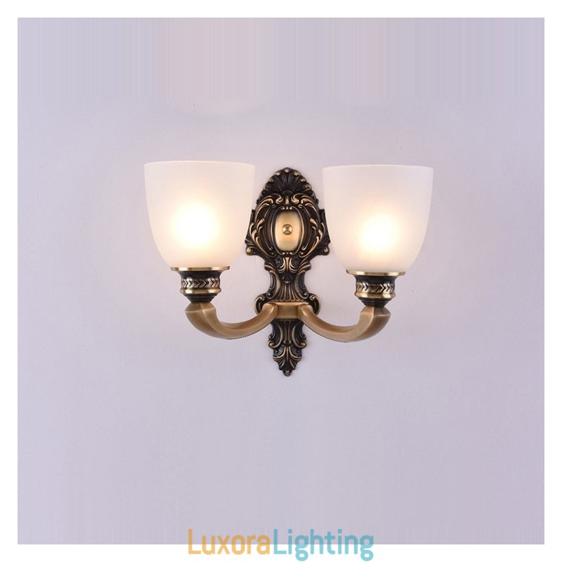 Designer Touch Decorative Pure Brass Luxurious Rustic Retro Vintage Brass 2 Light Candle Wall Light with Glass Shades Special for Hotel Office Showroom Living Room Dinning Room