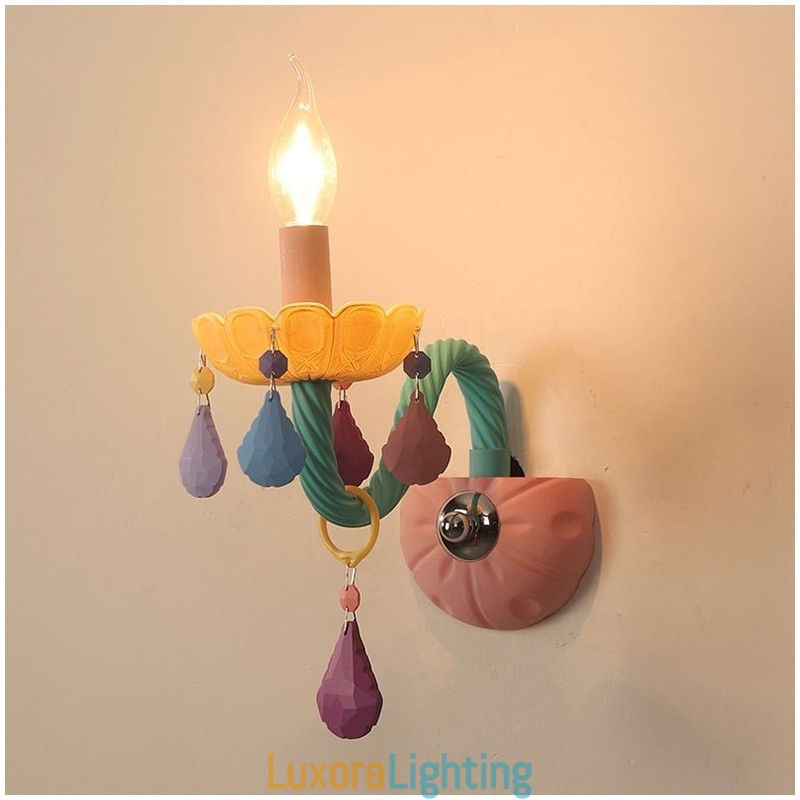 Designer Touch Decorative Macaron 1 Light Multi Crystal Candle Retro Glass Wall Light for for Kid's Room Children Bedroom