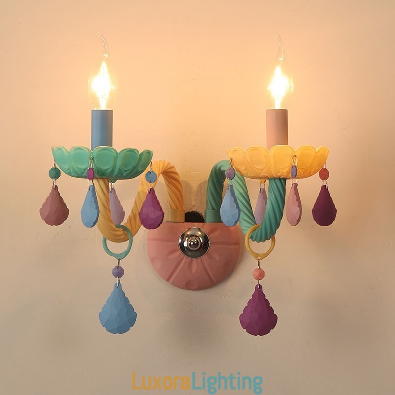 Designer Touch Decorative Macaron 2 Light Multi Crystal Candle Retro Glass Wall Light for for Kid's Room Children Bedroom