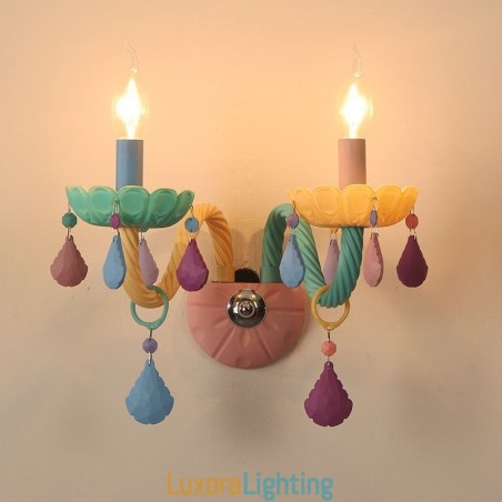 Designer Touch Decorative Macaron 2 Light Multi Crystal Candle Retro Glass Wall Light for for Kid's Room Children Bedroom
