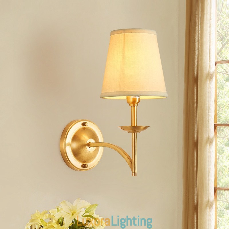 Designer Touch Decorative Pure Brass Luxurious Rustic Retro Vintage 1 Light Candle Wall Light with Fabric Shade Special for Hotel Bedroom Showroom Living Room Dinning Room