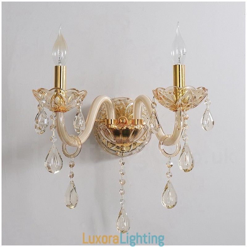 Designer Touch Decorative 2 Light Gold K9 Crystal Candle Retro Glass Wall Light