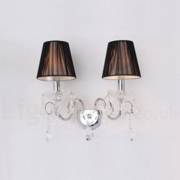 Designer Touch Decorative 2 Light Chrome Silver Colour K9 Crystal Candle Retro Glass Wall Light with Black Fabric Shades