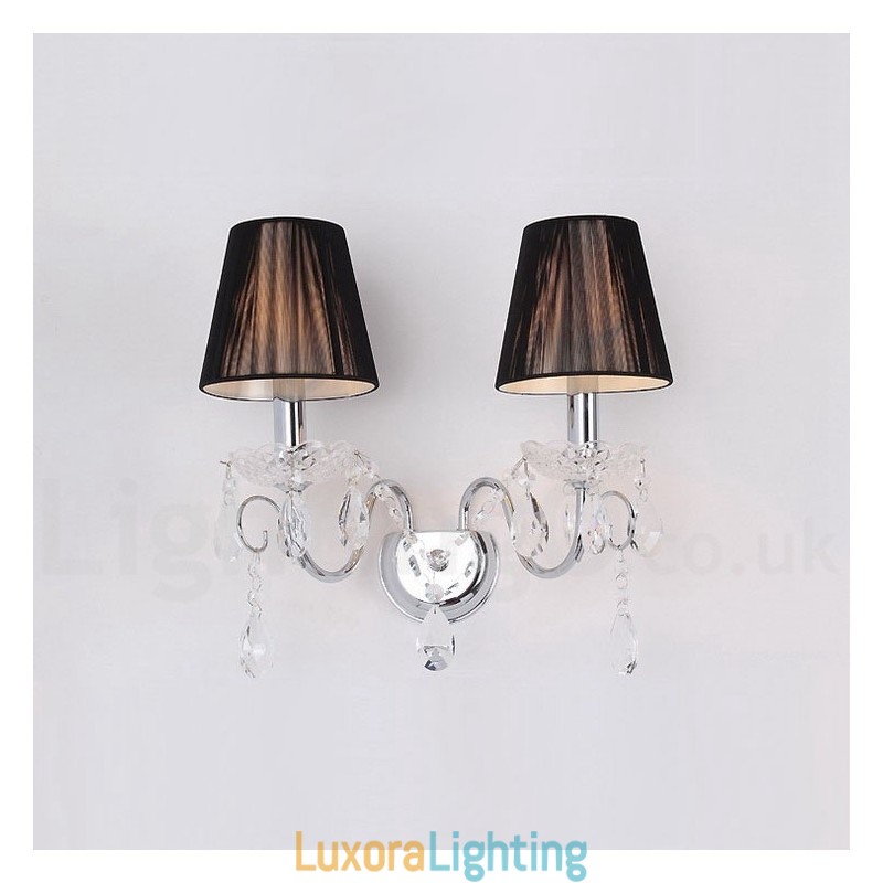 Designer Touch Decorative 2 Light Chrome Silver Colour K9 Crystal Candle Retro Glass Wall Light with Black Fabric Shades