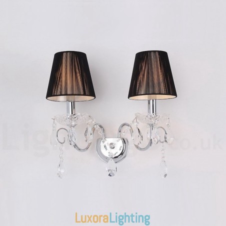 Designer Touch Decorative 2 Light Chrome Silver Colour K9 Crystal Candle Retro Glass Wall Light with Black Fabric Shades