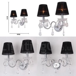 Designer Touch Decorative 2 Light Chrome Silver Colour K9 Crystal Candle Retro Glass Wall Light with Black Fabric Shades