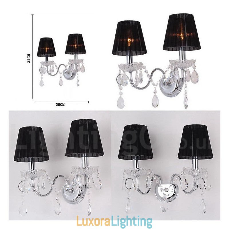 Designer Touch Decorative 2 Light Chrome Silver Colour K9 Crystal Candle Retro Glass Wall Light with Black Fabric Shades