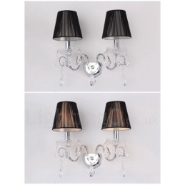Designer Touch Decorative 2 Light Chrome Silver Colour K9 Crystal Candle Retro Glass Wall Light with Black Fabric Shades