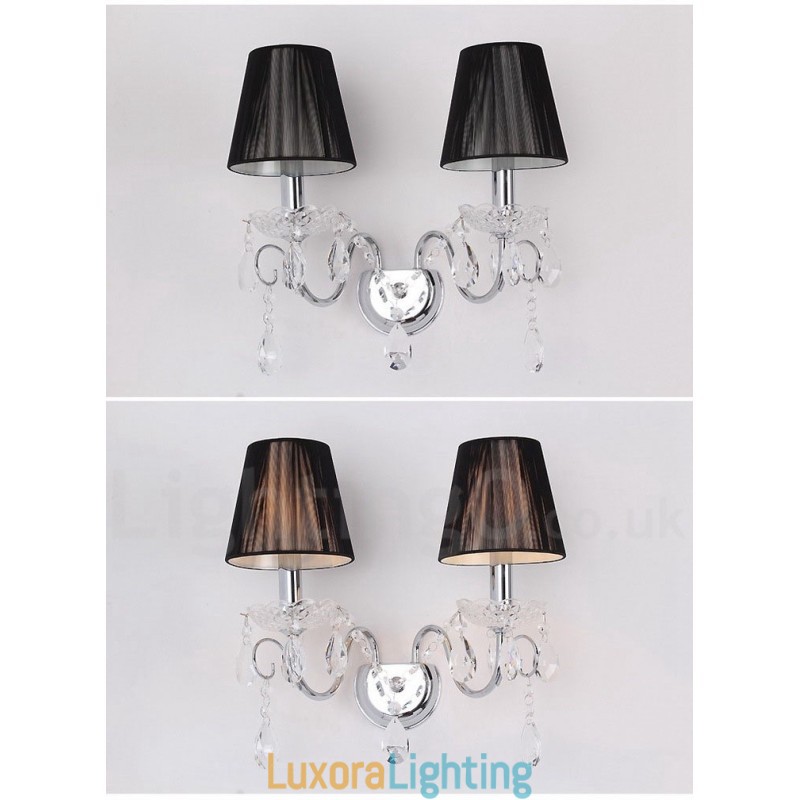Designer Touch Decorative 2 Light Chrome Silver Colour K9 Crystal Candle Retro Glass Wall Light with Black Fabric Shades