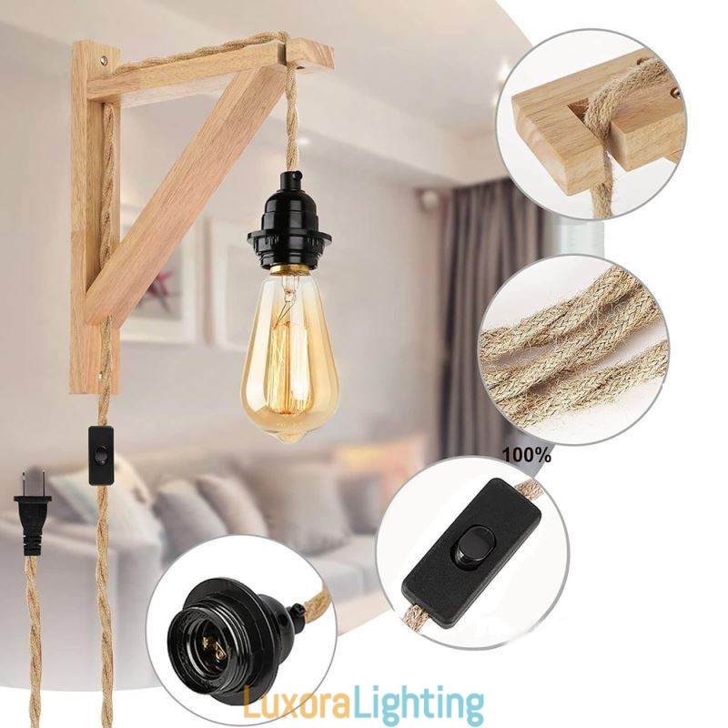 Designer Touch Decorative Solid Wood Wall Sconce American Pastoral Retro Hemp Rope Wall Light With Plug