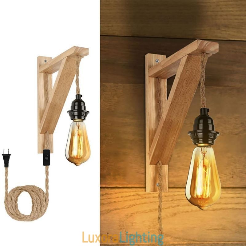 Designer Touch Decorative Solid Wood Wall Sconce American Pastoral Retro Hemp Rope Wall Light With Plug