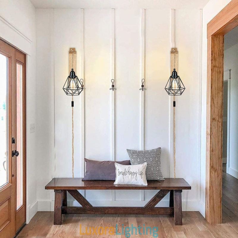 Designer Touch Decorative American Retro Wall Sconce 2.5M Hemp Rope Hanging Wire Black Iron Painted Lampshade