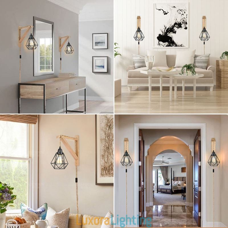 Designer Touch Decorative American Retro Wall Sconce 2.5M Hemp Rope Hanging Wire Black Iron Painted Lampshade