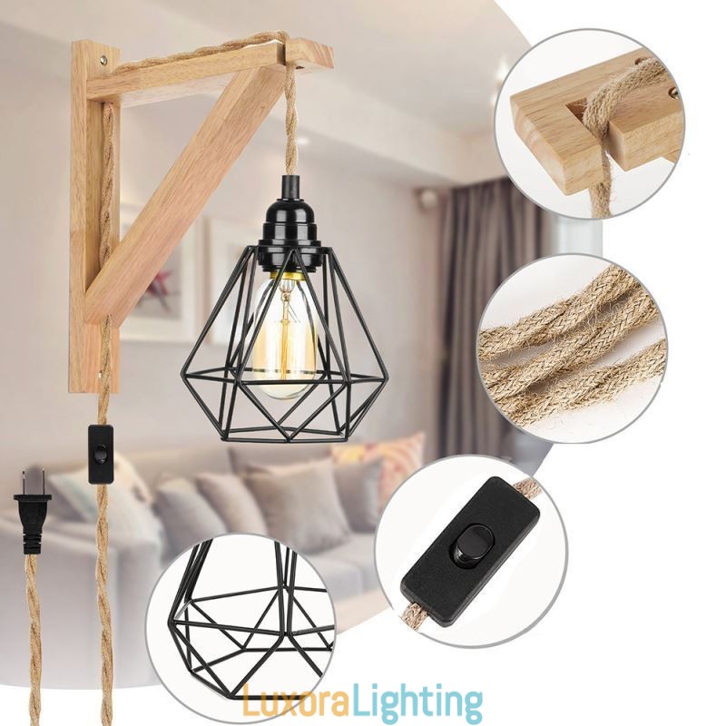 Designer Touch Decorative American Retro Wall Sconce 2.5M Hemp Rope Hanging Wire Black Iron Painted Lampshade