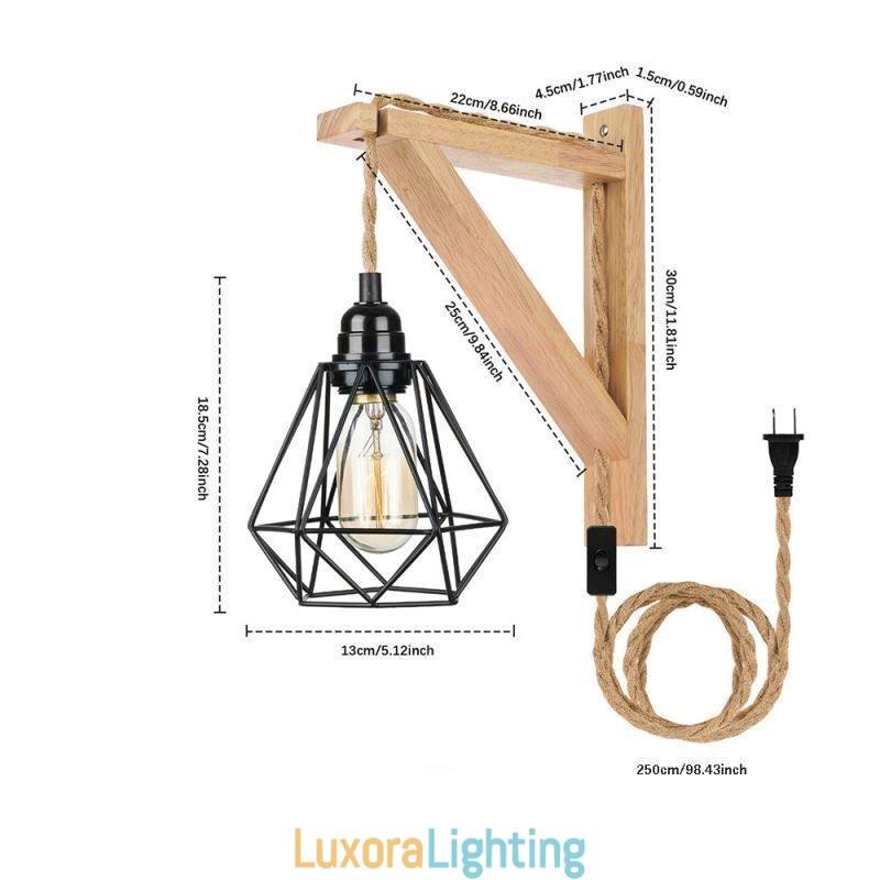 Designer Touch Decorative American Retro Wall Sconce 2.5M Hemp Rope Hanging Wire Black Iron Painted Lampshade