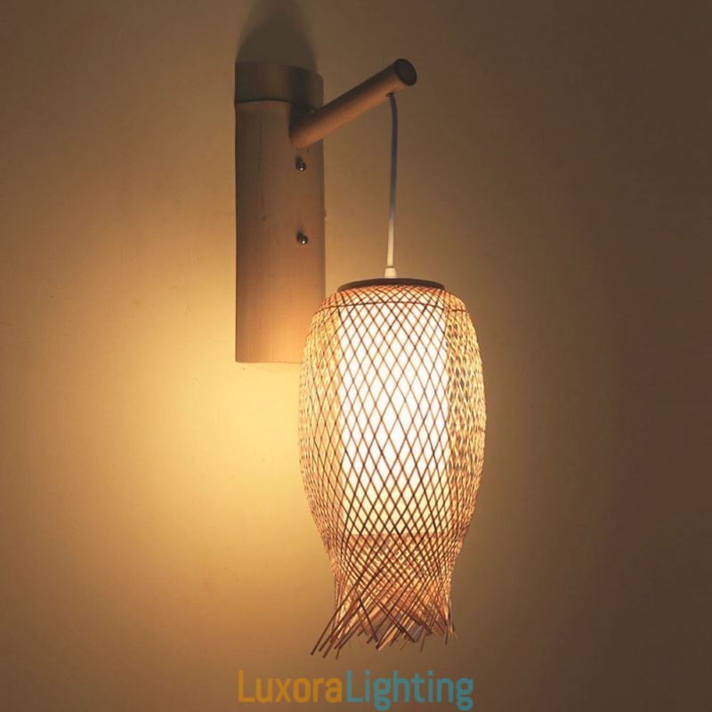Designer Touch Decorative Downward Bamboo Wall Light Rural Round Wall Sconce Bedside Teahouse Creative Light