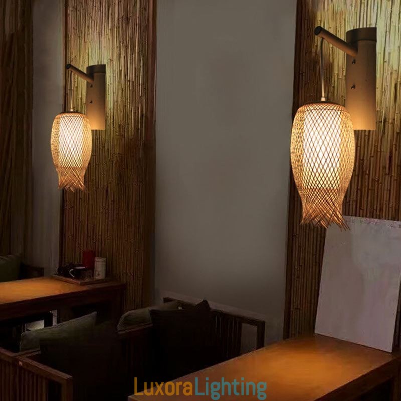 Designer Touch Decorative Downward Bamboo Wall Light Rural Round Wall Sconce Bedside Teahouse Creative Light