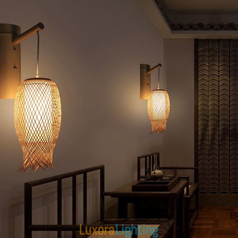Designer Touch Decorative Downward Bamboo Wall Light Rural Round Wall Sconce Bedside Teahouse Creative Light