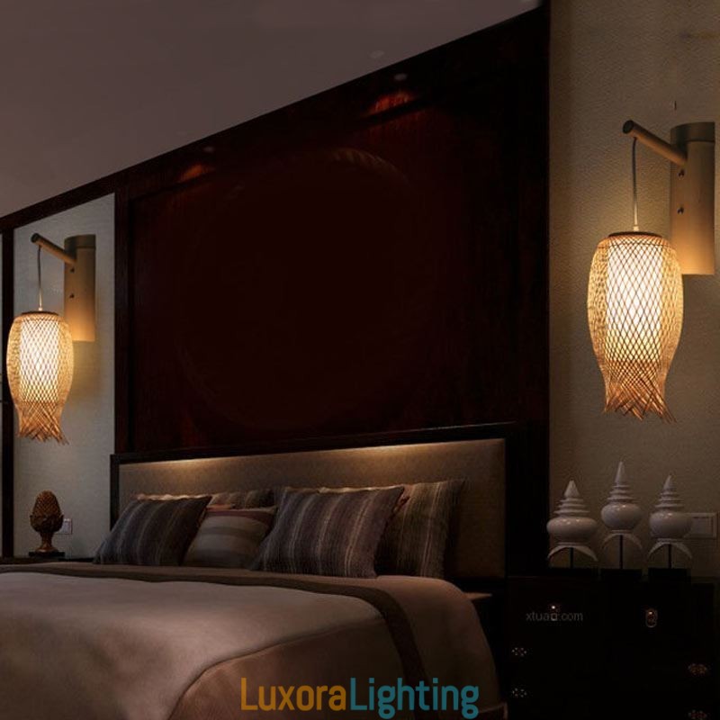 Designer Touch Decorative Downward Bamboo Wall Light Rural Round Wall Sconce Bedside Teahouse Creative Light